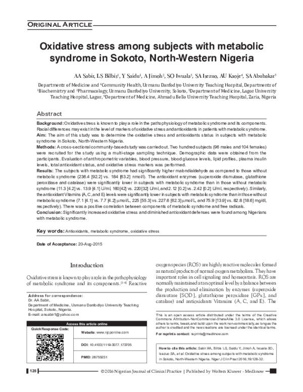 (PDF) Oxidative stress among subjects with metabolic syndrome in Sokoto ...