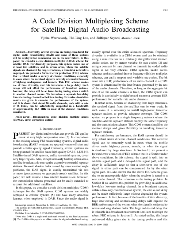 PDF) A code division multiplexing scheme for satellite digital 