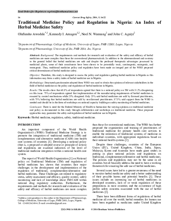 (PDF) Traditional Medicine Policy and Regulation in Nigeria: An Index ...