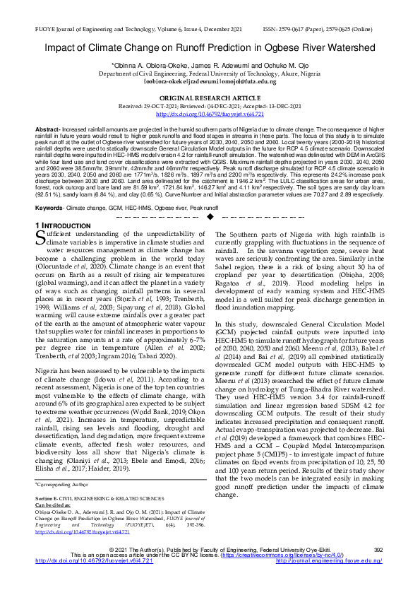 (PDF) Impact of Climate Change on Runoff Prediction in Ogbese River ...