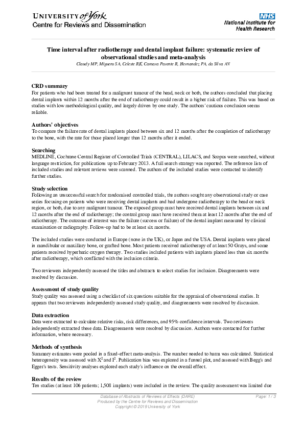 (PDF) Time Interval after Radiotherapy and Dental Implant Failure