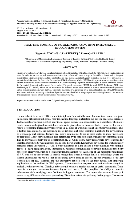 (PDF) Real-Time Control of Mobile Robot Using HMM-based Speech ...