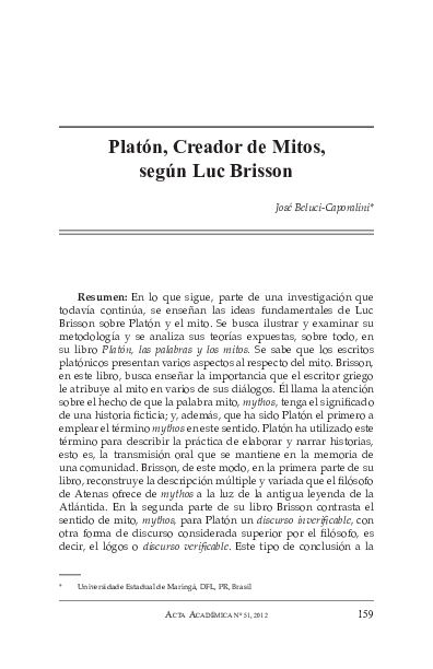 (PDF) Platón, Creador de Mitos, según Luc Brisson