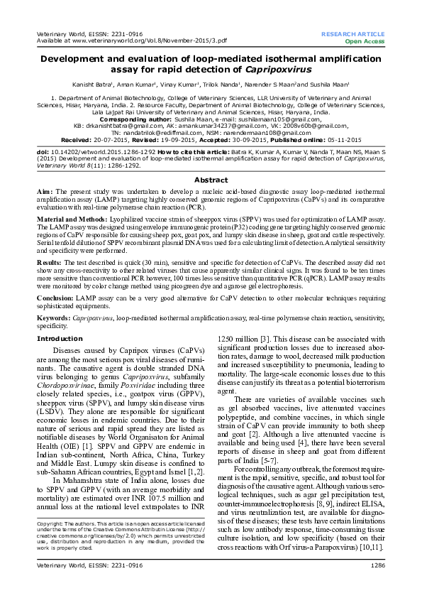 (PDF) Development and evaluation of loop-mediated isothermal ...