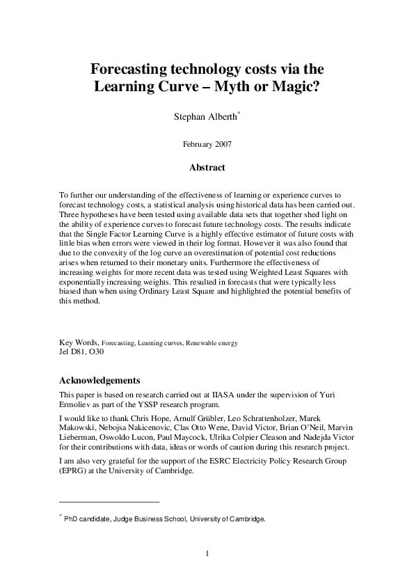 (PDF) 1 Forecasting technology costs via the Learning Curve – Myth or ...