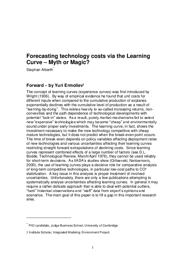 (PDF) Forecasting technology costs via the Learning Curve - Myth or Magic?