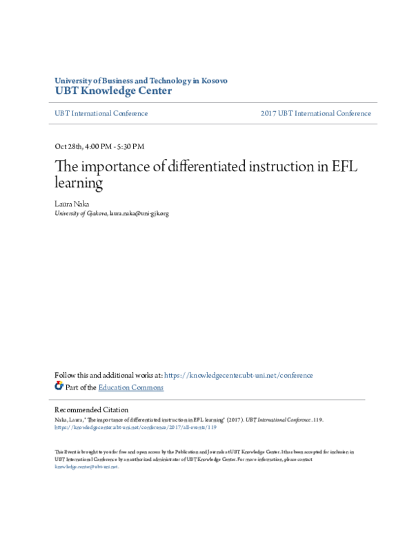 (PDF) The importance of differentiated instruction in EFL learning