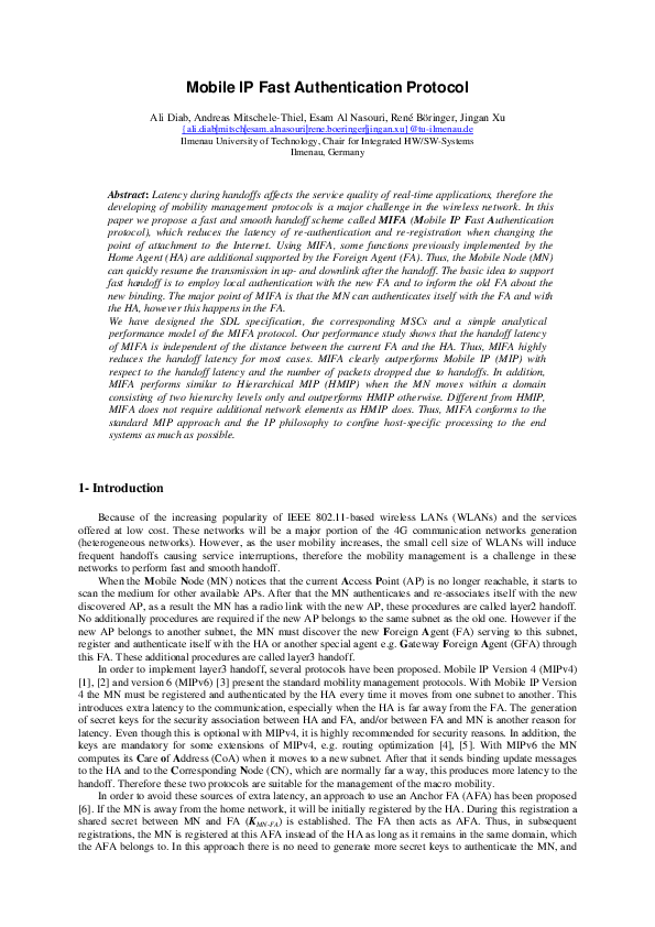 (PDF) Mobile IP Fast Authentication Protocol