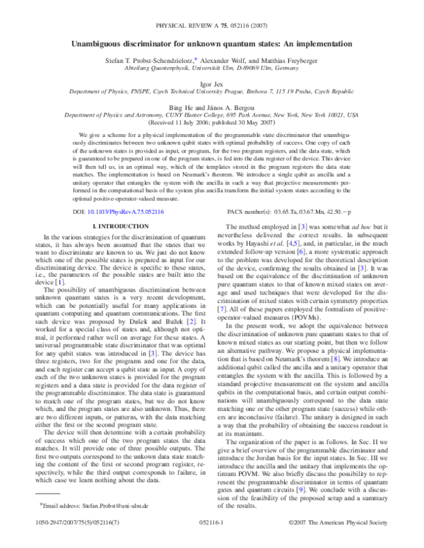 (PDF) Unambiguous discriminator for unknown quantum states: An ...