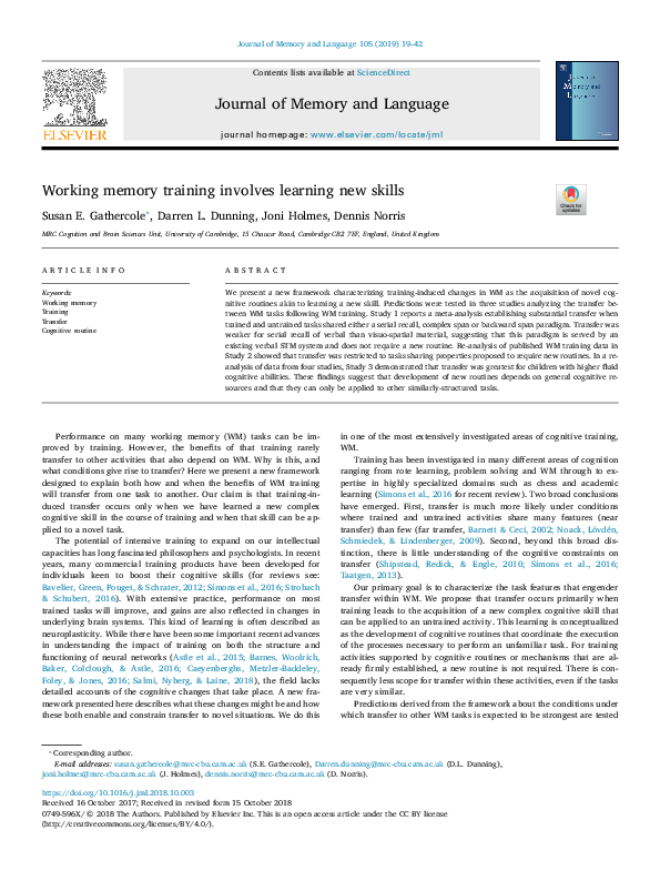 (PDF) Working memory training involves learning new skills