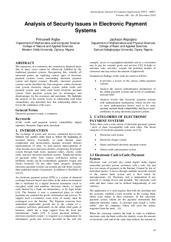 (PDF) Analysis of Security Issues in Electronic Payment Systems