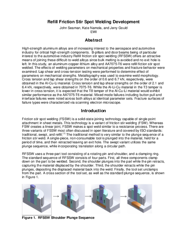 (PDF) Refill Friction Stir Spot Welding Development