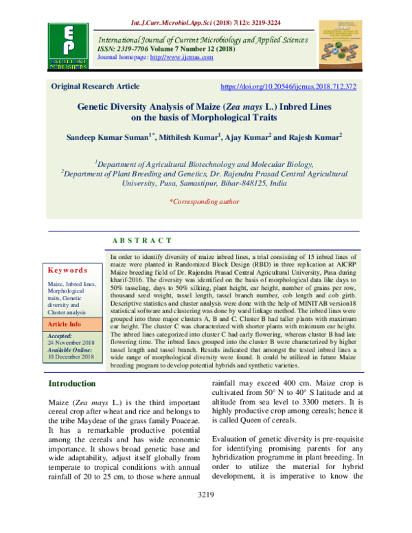 (PDF) Genetic Diversity Analysis of Maize (Zea mays L.) Inbred Lines on ...