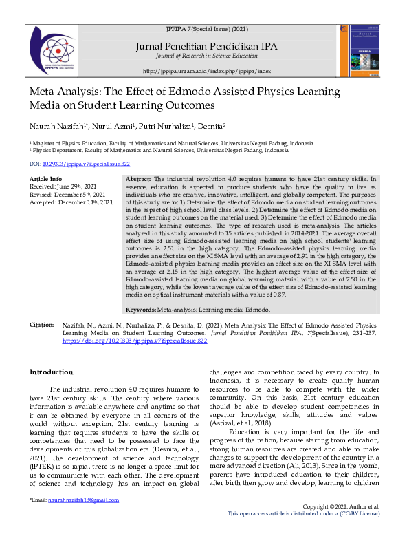 (PDF) Meta Analysis: The Effect of Edmodo Assisted Physics Learning ...
