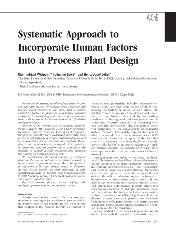 (PDF) Systematic approach to incorporate human factors into a process ...