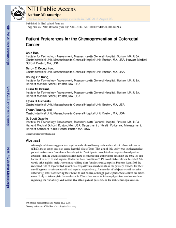 (PDF) Patient Preferences for the Chemoprevention of Colorectal Cancer