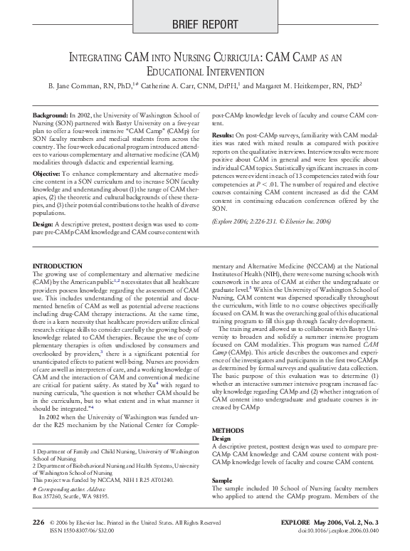 (PDF) Integrating CAM into Nursing Curricula: CAM Camp as an ...