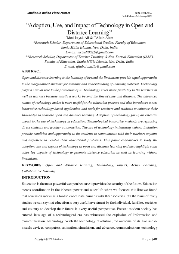 (PDF) Adoption, Use, and Impact of Technology in Open and Distance Learning