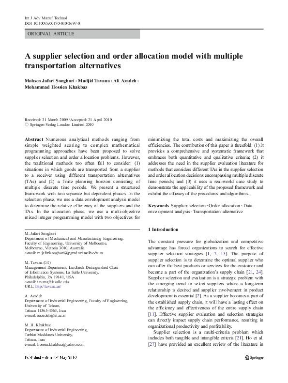 (PDF) A supplier selection and order allocation model with multiple ...