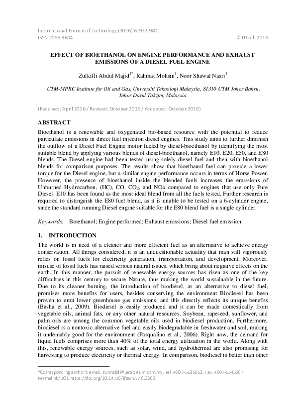 (PDF) Effect of Bioethanol on Engine Performance and Exhaust Emissions ...