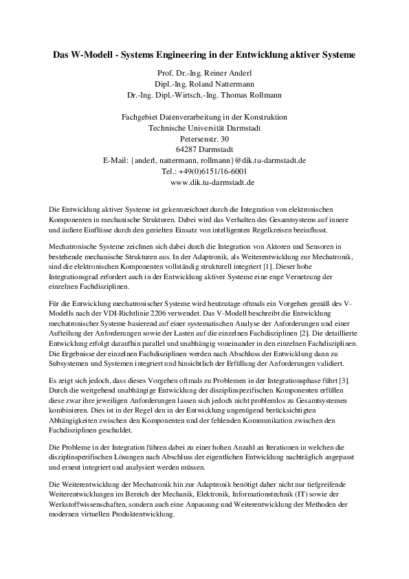 (PDF) Das W-Modell - Systems Engineering in der Entwicklung aktiver Systeme