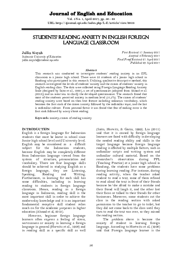 (PDF) Students’ Reading Anxiety in English Foreign Language Classroom