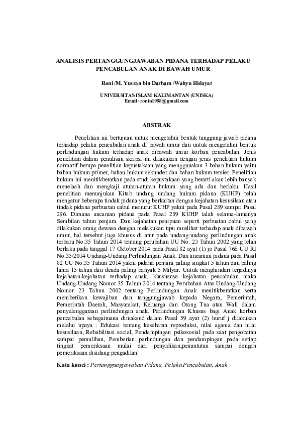 (PDF) ANALISIS PERTANGGUNGJAWABAN PIDANA TERHADAP PELAKU PENCABULAN ...