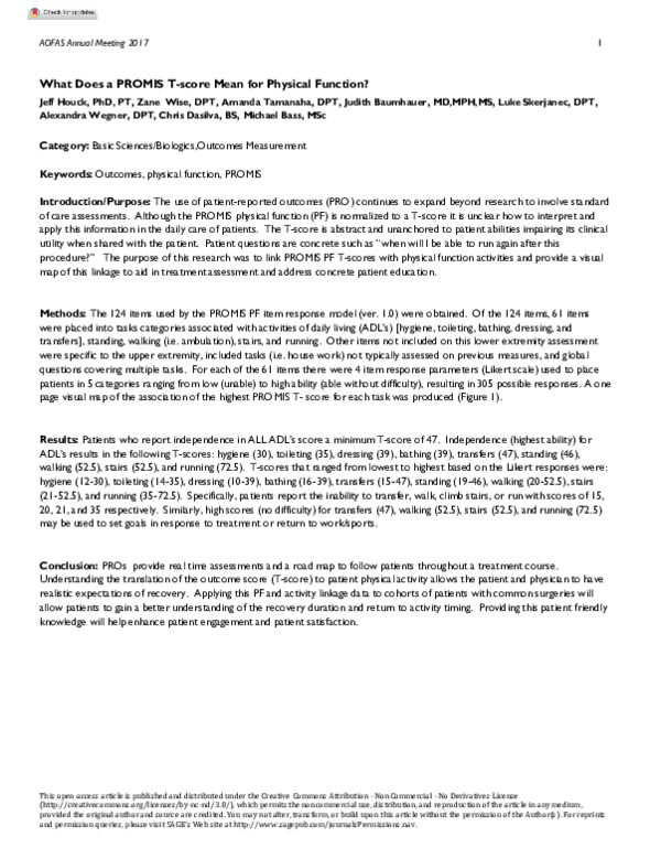 (PDF) What Does a PROMIS Tscore Mean for Physical Function? Zane