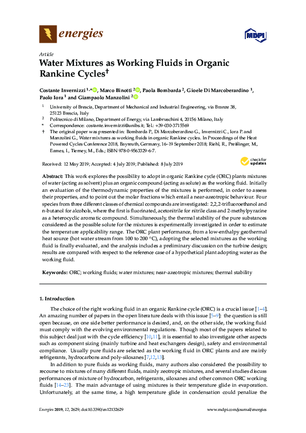 (PDF) Water Mixtures as Working Fluids in Organic Rankine Cycles