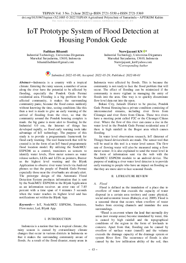 (PDF) IoT Prototype System of Flood Detection at Housing Pondok Gede