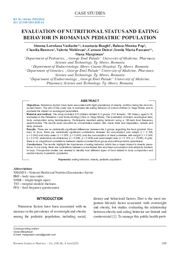 (PDF) Evaluation of nutritional status and eating behavior in Romanian ...