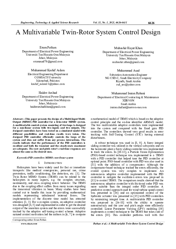(PDF) A Multivariable Twin-Rotor System Control Design