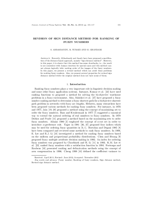 (PDF) Revision of Sign Distance Method for Ranking of Fuzzy Numbers