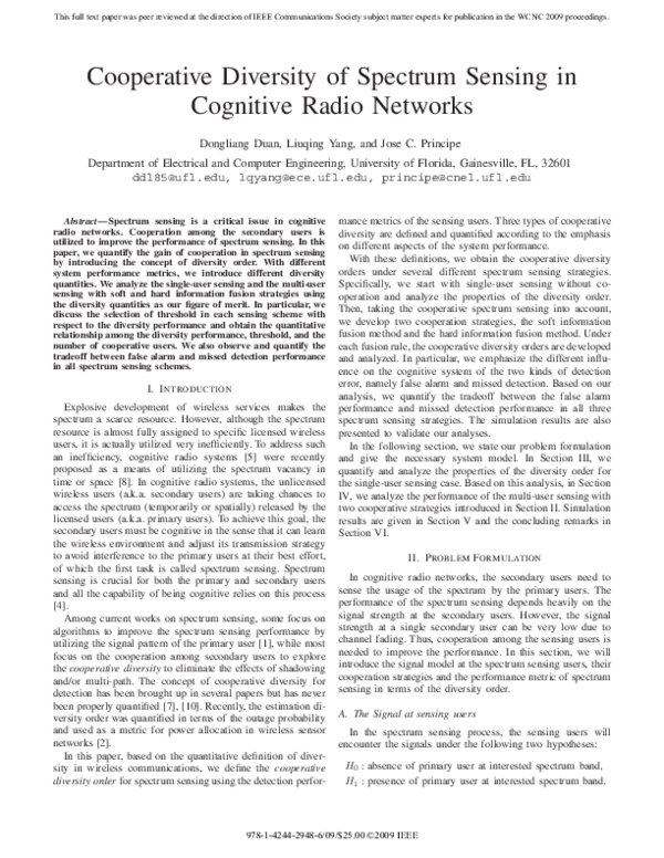 (PDF) Cooperative Diversity of Spectrum Sensing in Cognitive Radio Networks