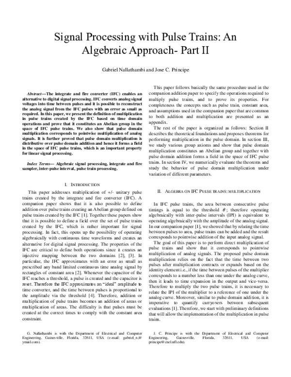 (PDF) Signal Processing with Pulse Trains: An Algebraic Approach- Part I