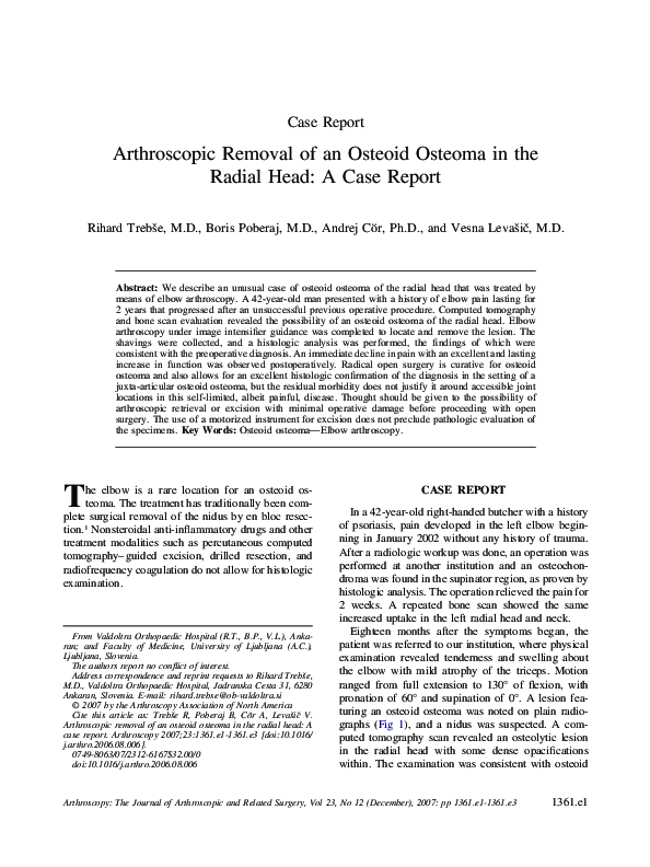 (PDF) Arthroscopic Removal of an Osteoid Osteoma in the Radial Head: A ...