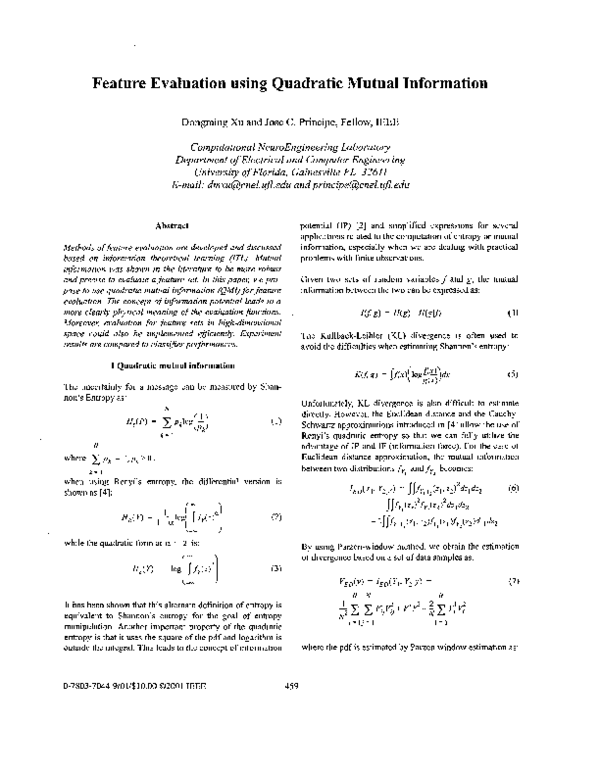 (PDF) Feature evaluation using quadratic mutual information