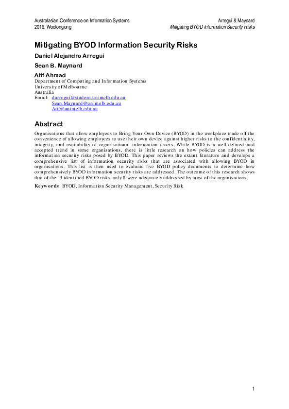 (PDF) Mitigating BYOD Information Security Risks
