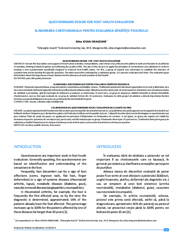 (PDF) Questionnaire Design for Foot Health Evaluation Alina Iovan
