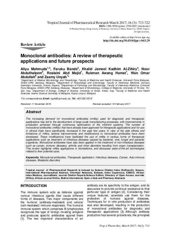 (PDF) Monoclonal antibodies: A review of therapeutic applications and ...