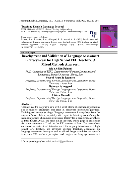 Pdf Development And Validation Of Language Assessment Literacy Scale