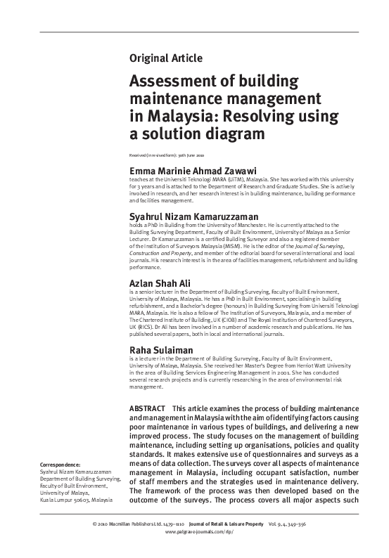 (PDF) Assessment of building maintenance management in Malaysia ...