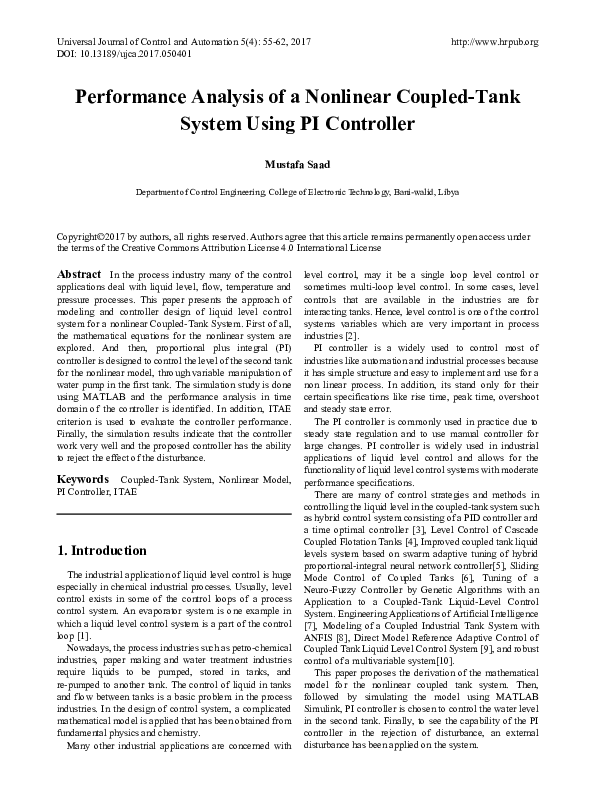 (PDF) Performance Analysis of a Nonlinear Coupled-Tank System Using PI ...