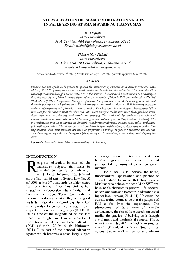 (PDF) Internalization of Islamic Moderation Values in Pai Learning at ...