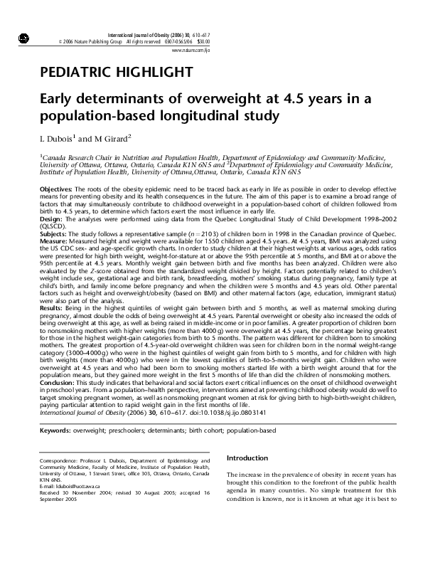 (PDF) Early determinants of overweight at 4.5 years in a population ...
