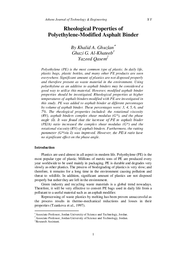 (PDF) Rheological Properties of Polyethylene-Modified Asphalt Binder