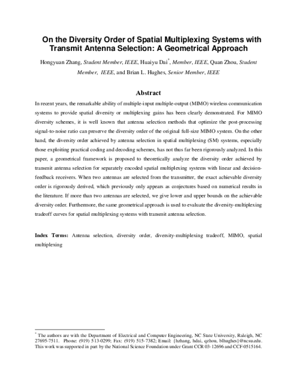 (PDF) On the Diversity Order of Spatial Multiplexing Systems With ...