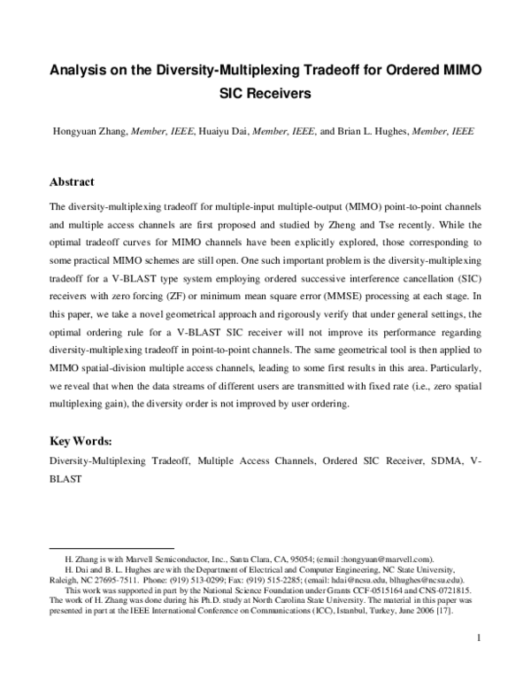 (PDF) Analysis on the diversity-multiplexing tradeoff for ordered MIMO ...