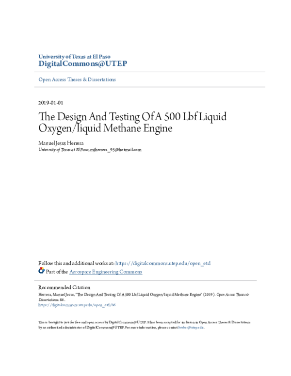 (PDF) Design and Testing of a 500 lbf Liquid Oxygen/Liquid Methane Engine