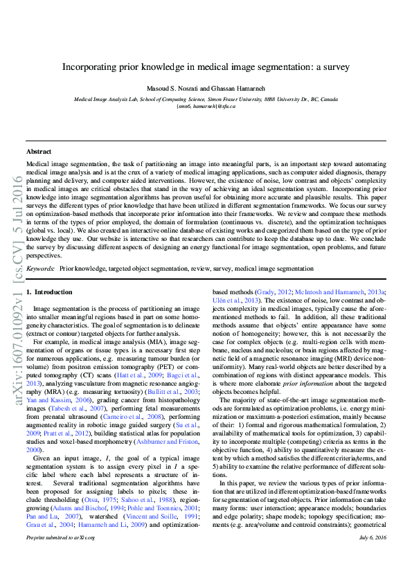 (PDF) Incorporating prior knowledge in medical image segmentation: a survey